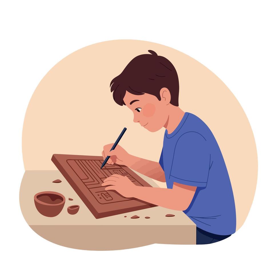 Young boy concentrating on wood carving, showcasing dedication and creativity in a minimal, flat design style, illustrated as art vector
