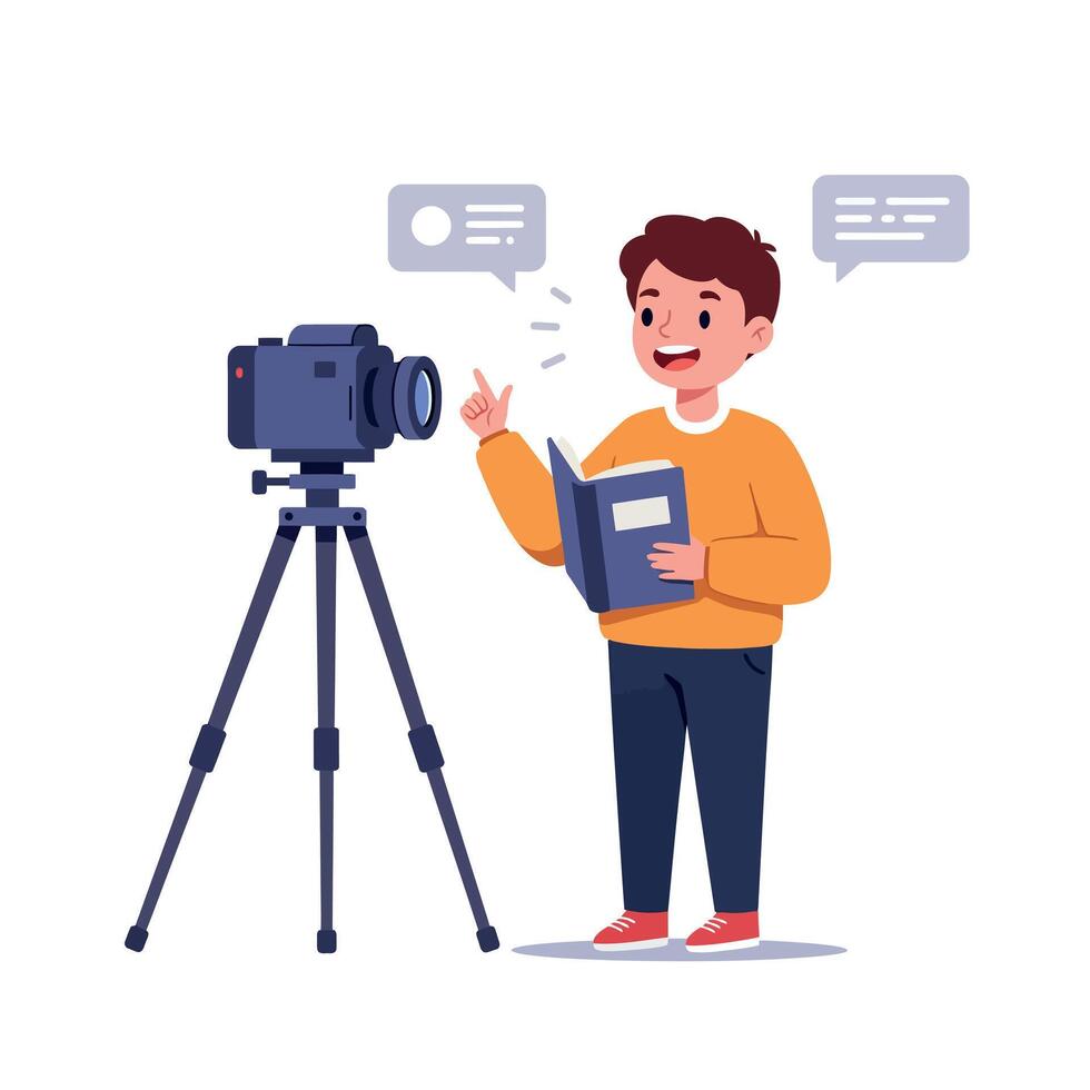 A cheerful boy reading a book while engaging with a camera on a tripod in a minimal flat illustration vector