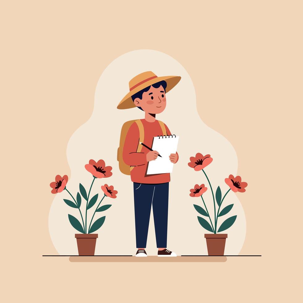 A young boy wearing a straw hat and red shirt holding a notepad while standing beside blooming flowers in pots, minimal illustration vector