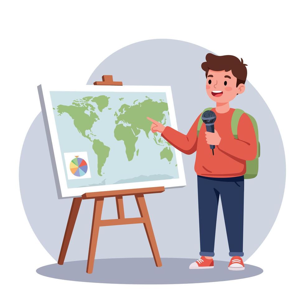 A young boy with a backpack presenting a world map on an easel in a flat illustration showcasing education and enthusiasm during a school presentation. vector