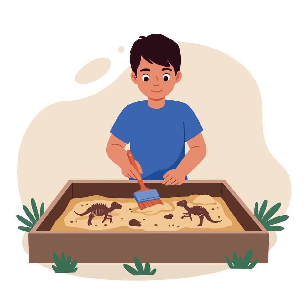 Young boy enthusiastically uncovering dinosaur fossils in a sandbox, colorful and playful design style, engaging in a fun educational activity, illustration vector