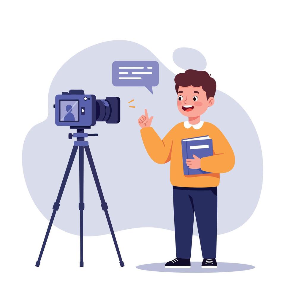 Enthusiastic young boy standing beside a camera, engaging in conversation, showcasing flat illustration style with cheerful tones and expressive features in art vector