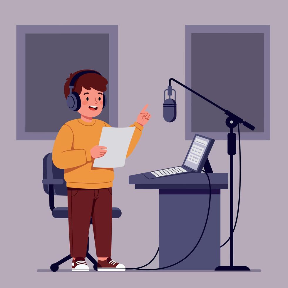 A young man recording a podcast in a cozy studio with headphones and microphone in a flat design art vector