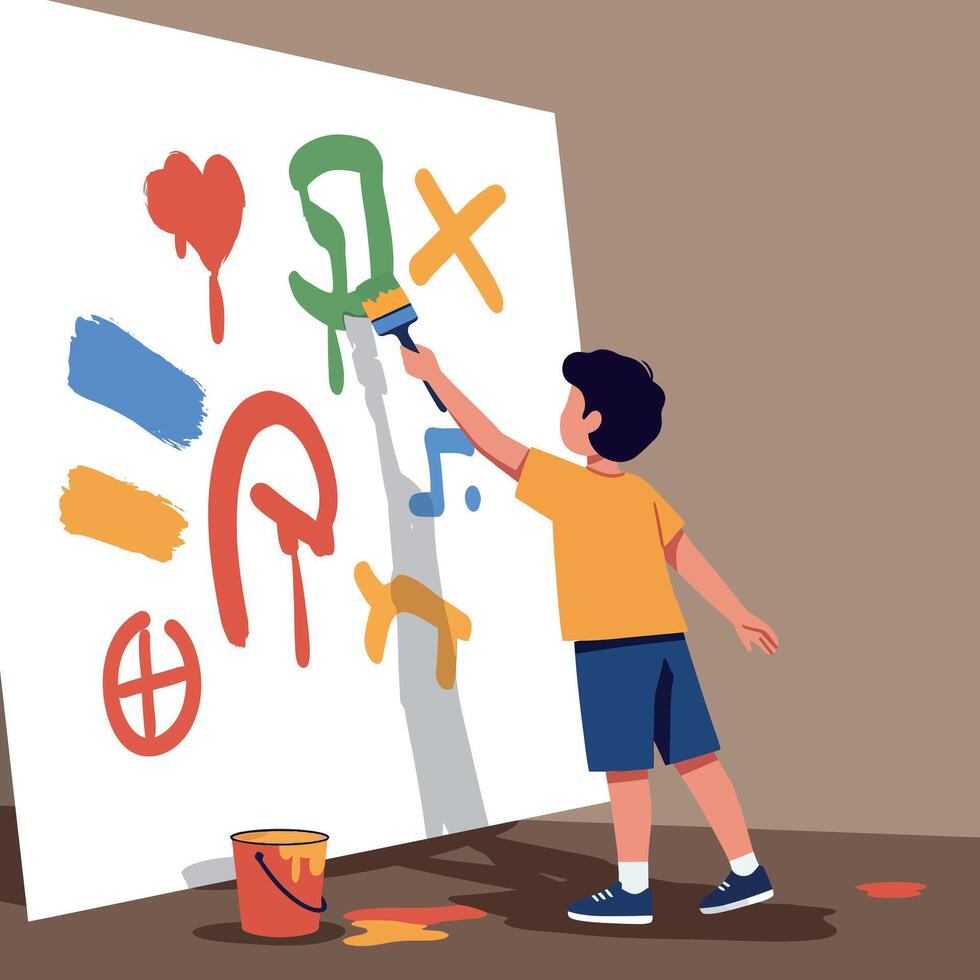 Young boy creatively painting colorful shapes on a large canvas in a flat art style, showcasing joy and imagination in a playful setting vector