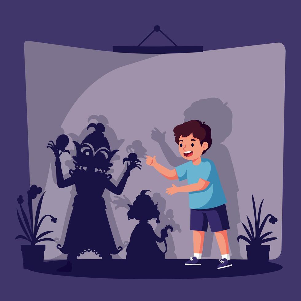 A boy joyfully interacting with shadow puppets in a playful scene, showcasing colorful silhouettes in a flat illustration vector