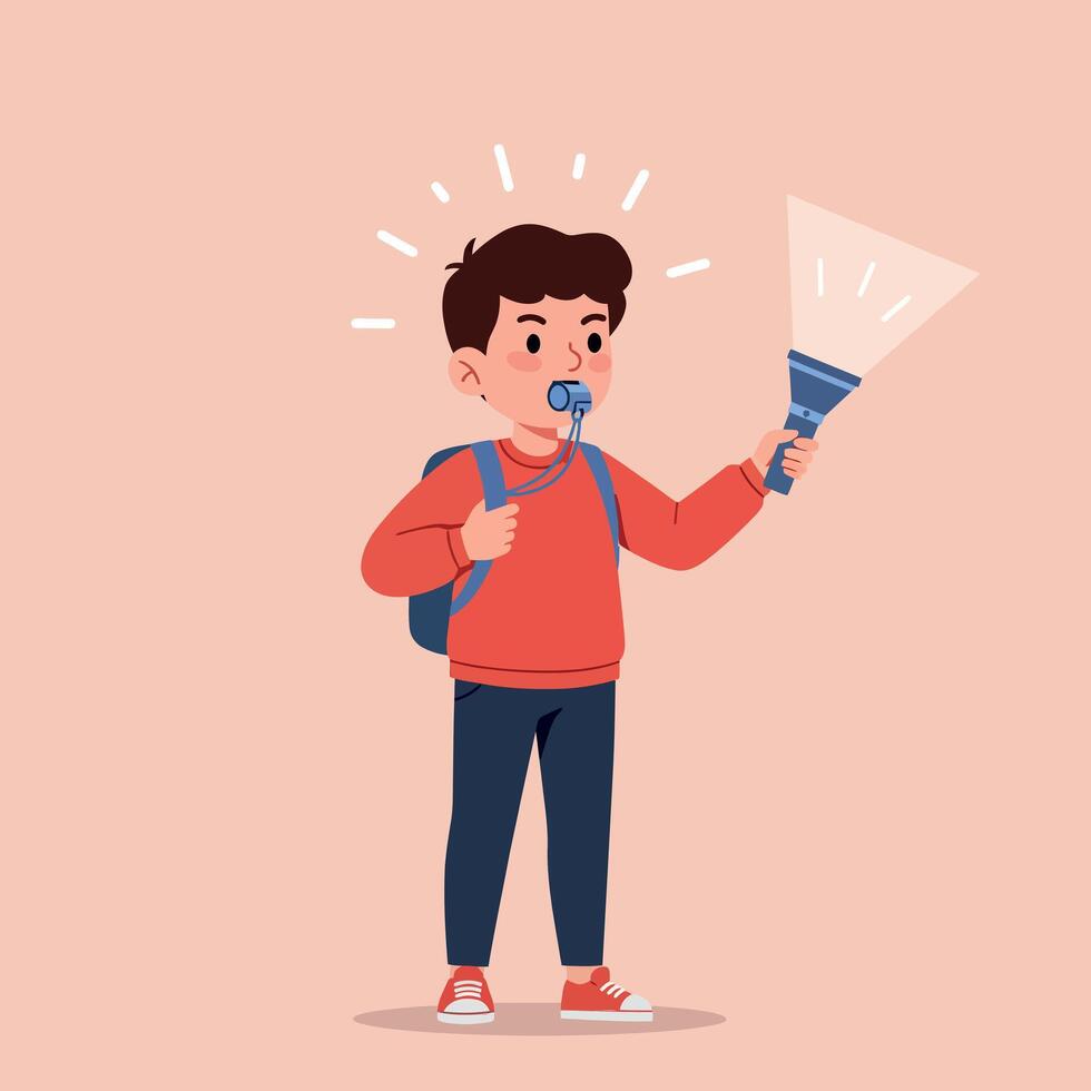 Young boy with a blue backpack and pacifier holding a flashlight in a playful flat illustration vector