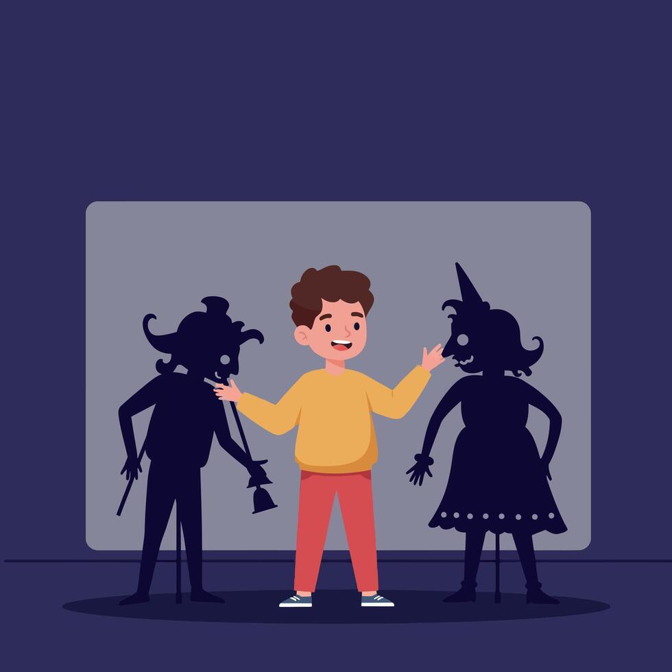 A cheerful boy happily interacting with shadow puppets in a playful and creative flat illustration vector