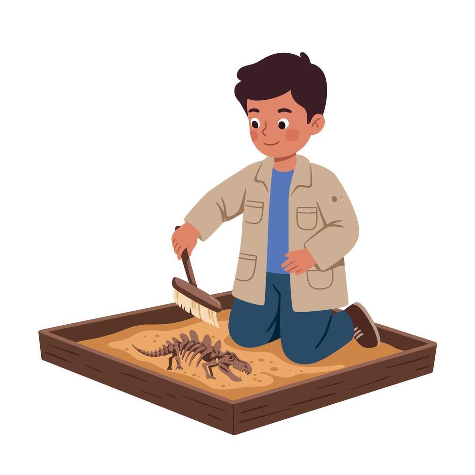 A young boy with a brush excavating dinosaur bones in a sandbox, wearing a beige jacket, in a playful and educational atmosphere, flat illustration vector