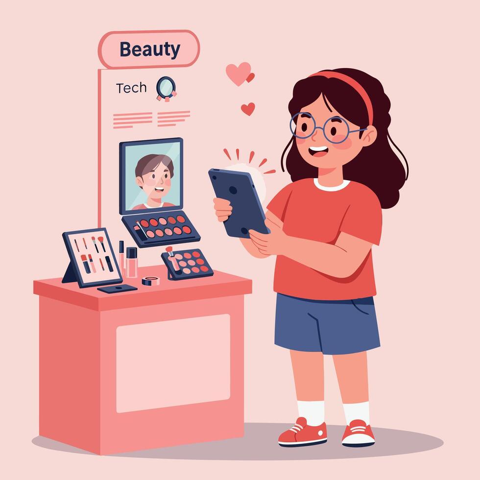 Young girl excitedly exploring a beauty technology display in a minimal and colorful illustration vector