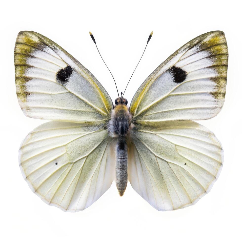 A Cabbage White butterfly captured in closeup isolated on a white background, emphasizing its wings photo
