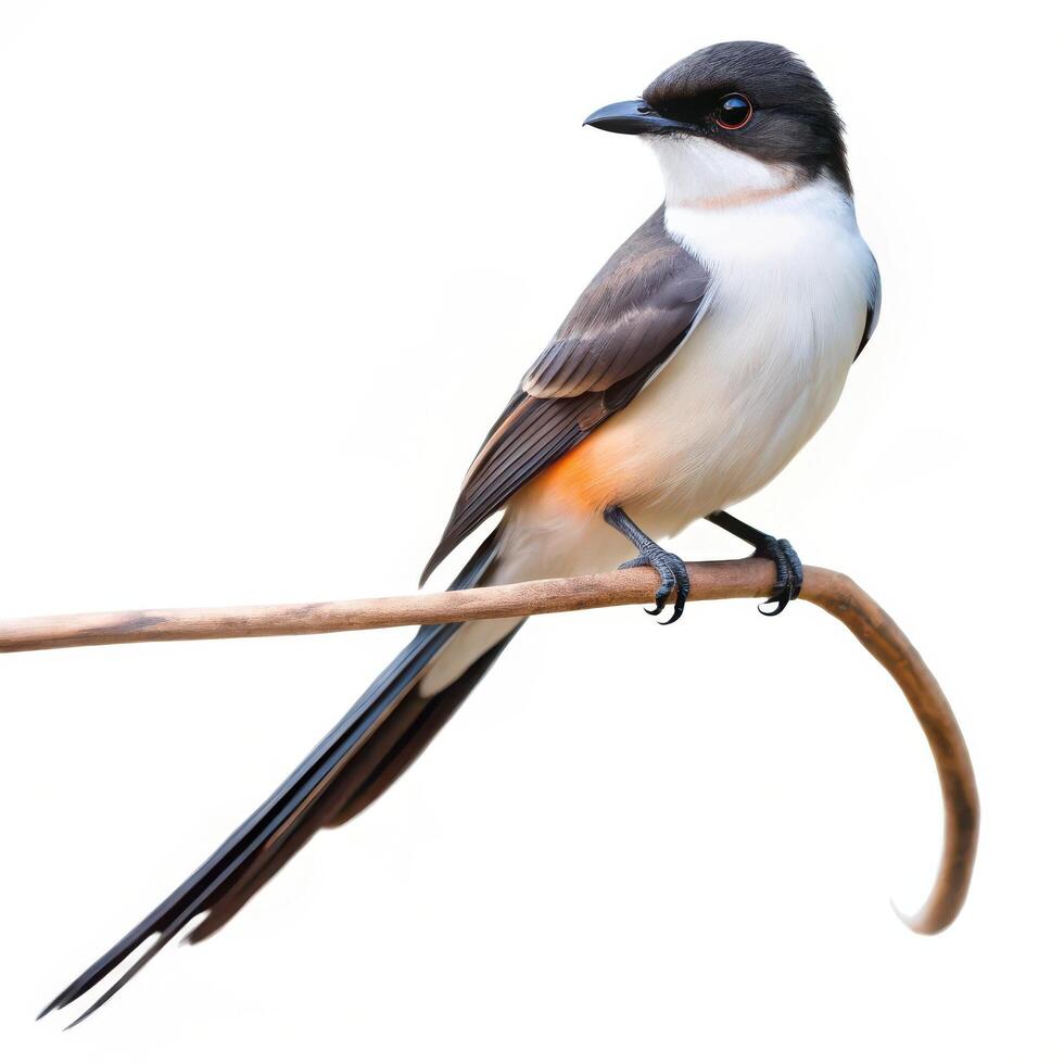 A closeup shot of a Fork tailed Flycatcher bird isolated on a white background, highlighting its elongated tail feathers photo