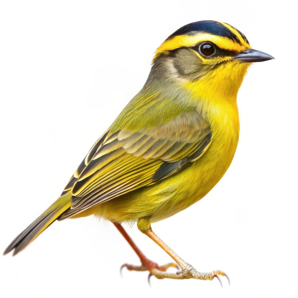 A Golden crowned Warbler bird isolated on a white background, capturing its bright, colorful feathers photo