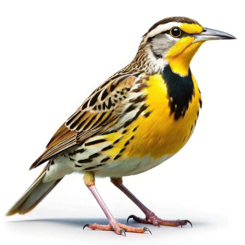 Eastern Meadowlark bird captured in a closeup shot isolated on a white background, showcasing its bright colors photo