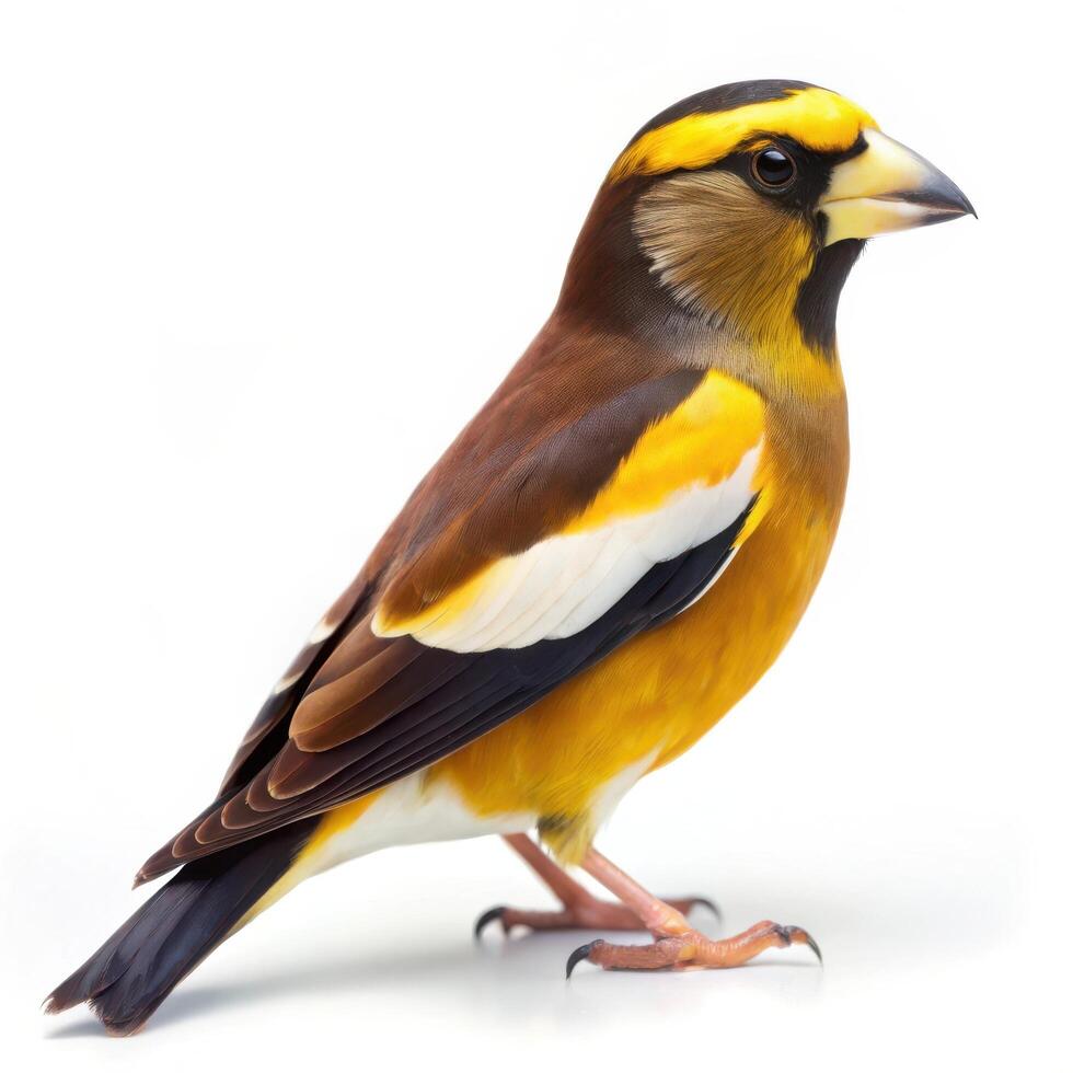 An Evening Grosbeak bird isolated on a white background, showcasing its beautiful feathers photo