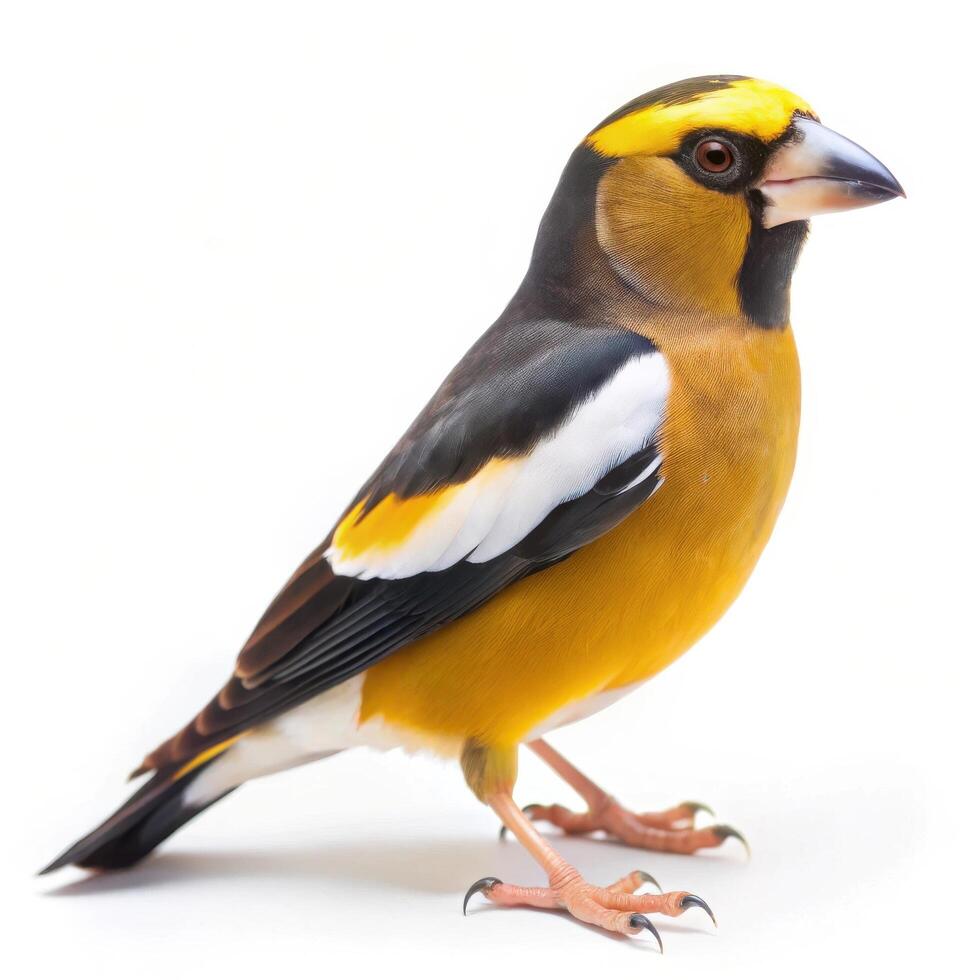 An Evening Grosbeak bird isolated on a white background, highlighting its colorful plumage photo