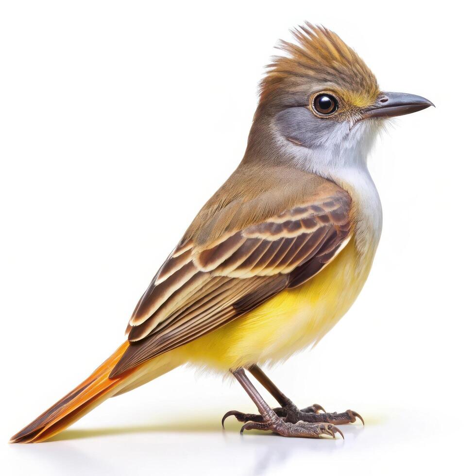 A closeup shot of a Great Crested Flycatcher bird isolated on a white background, focusing on its colorful feathers photo