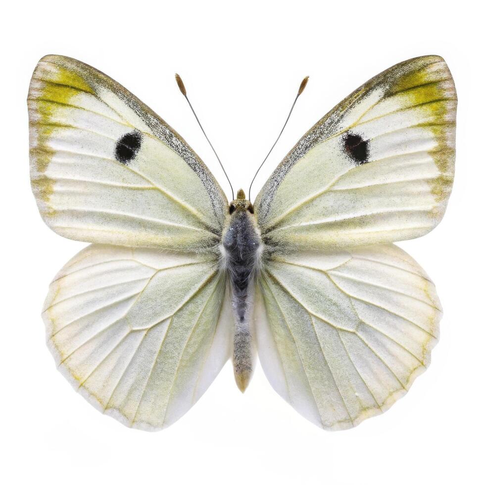 A closeup shot of a Cabbage White butterfly isolated on a white background, showcasing its features photo