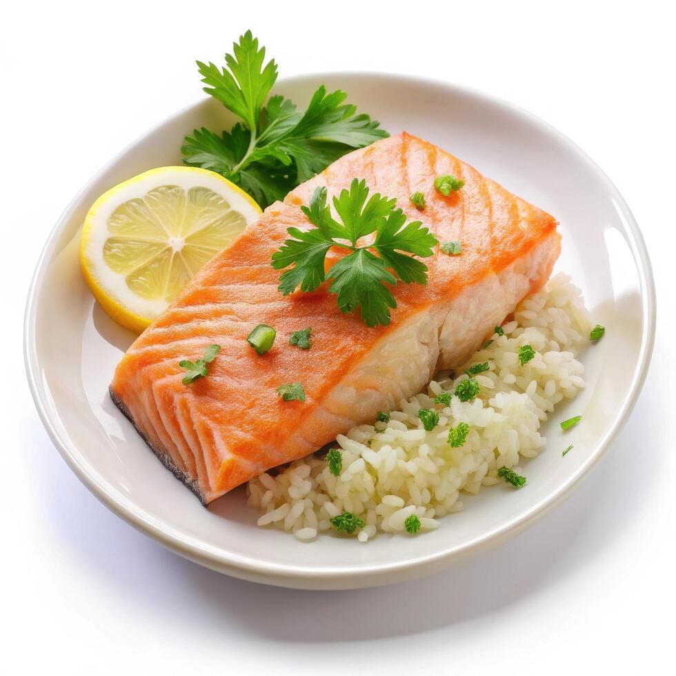 Delicious pan seared salmon with fluffy rice lemon and parsley garnish on a photo