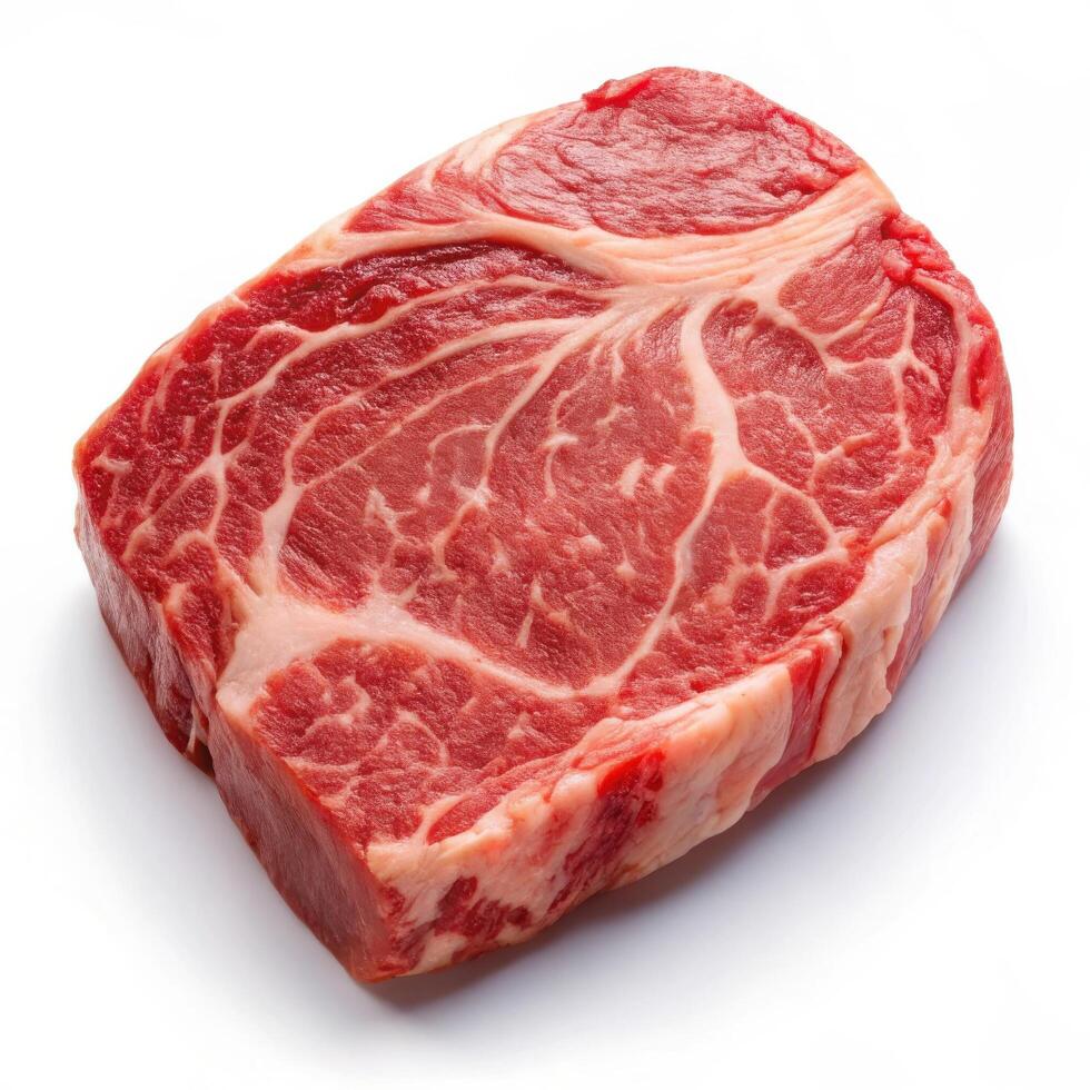 Rich marbled beef steak raw cut close up view with bright lighting on white photo