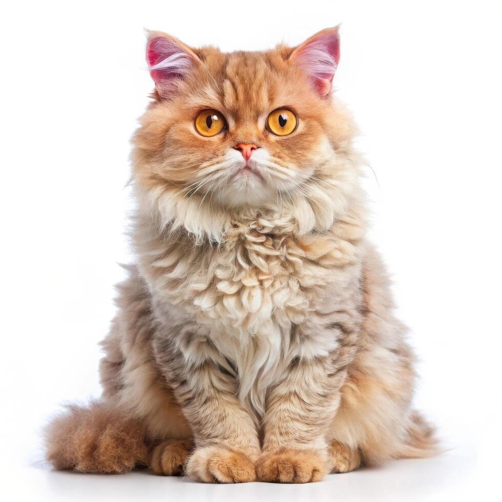 Isolated Selkirk Rex Cat Curious Curly Haired Pet on White Background photo