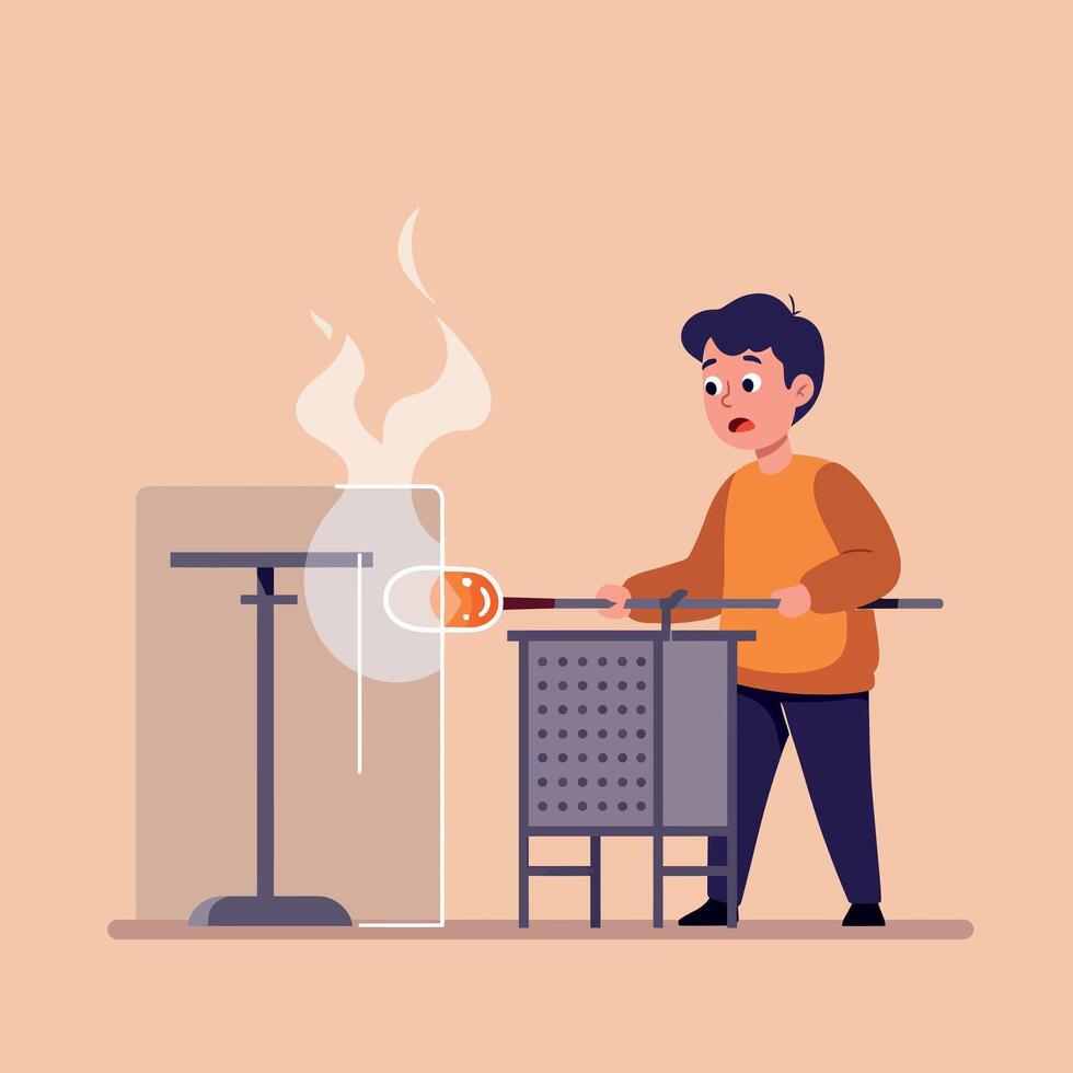 Young boy making glass art with hot molten glass using traditional blowing technique in flat illustration vector