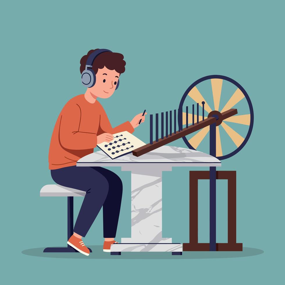 Young boy with headphones sitting at table and solving puzzle with spinning wheel flat style illustration vector