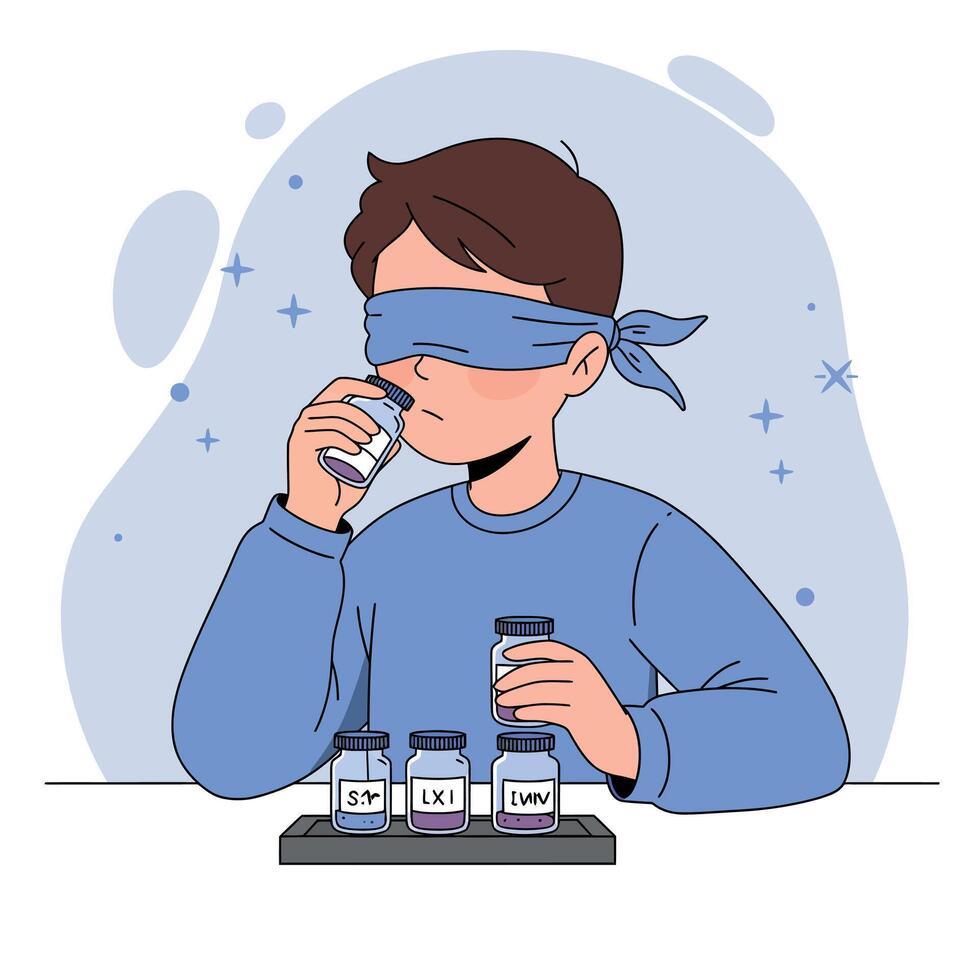 Blindfolded boy smelling different scent bottles with focus in flat style illustration vector