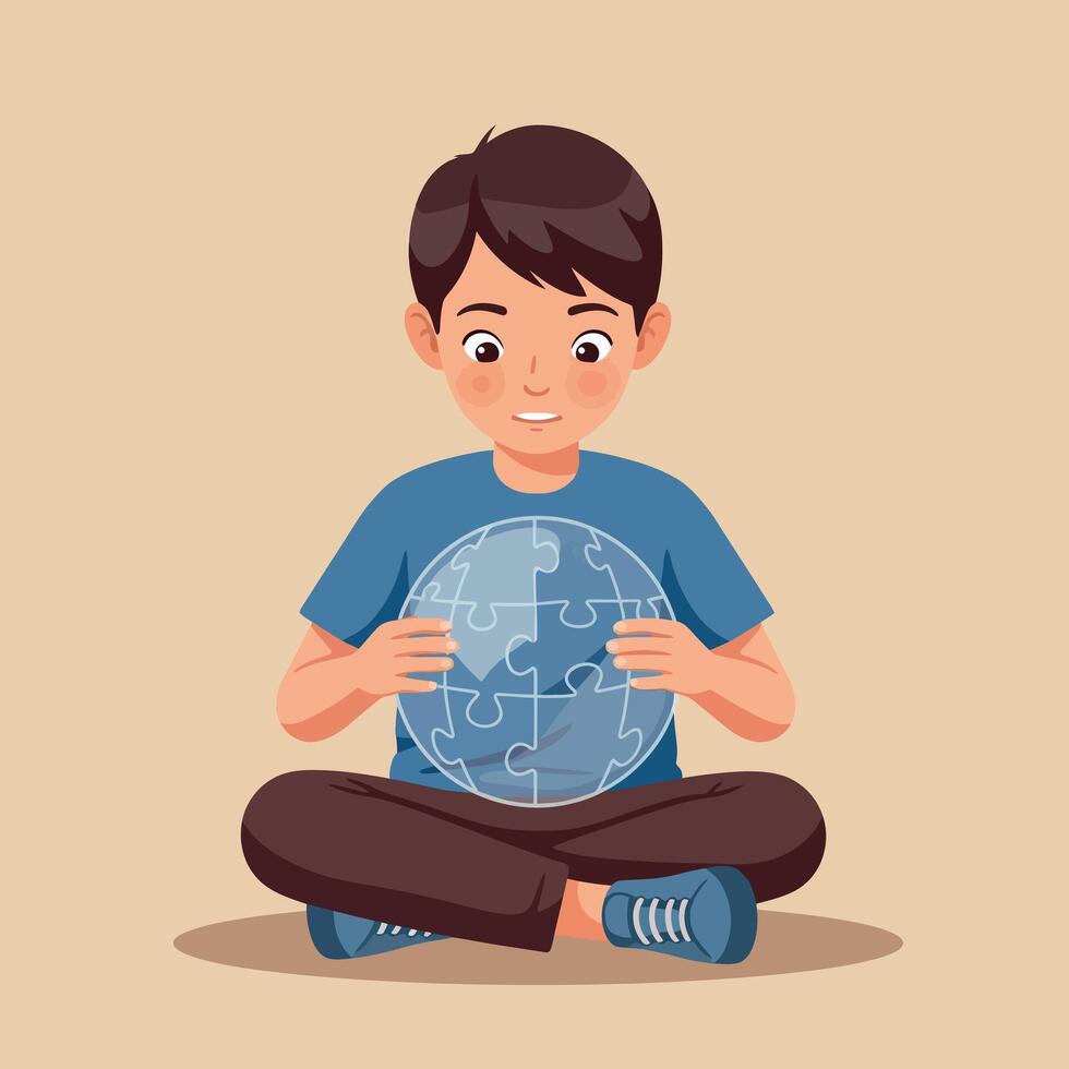 Young boy sitting cross-legged holding assembled globe puzzle pieces in flat design illustration vector