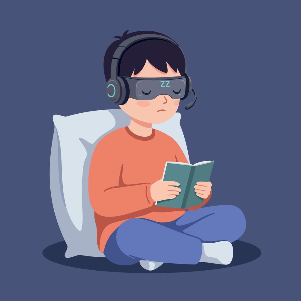 Young boy sitting cross-legged with headphones and sleeping eye mask reading book in flat style illustration vector