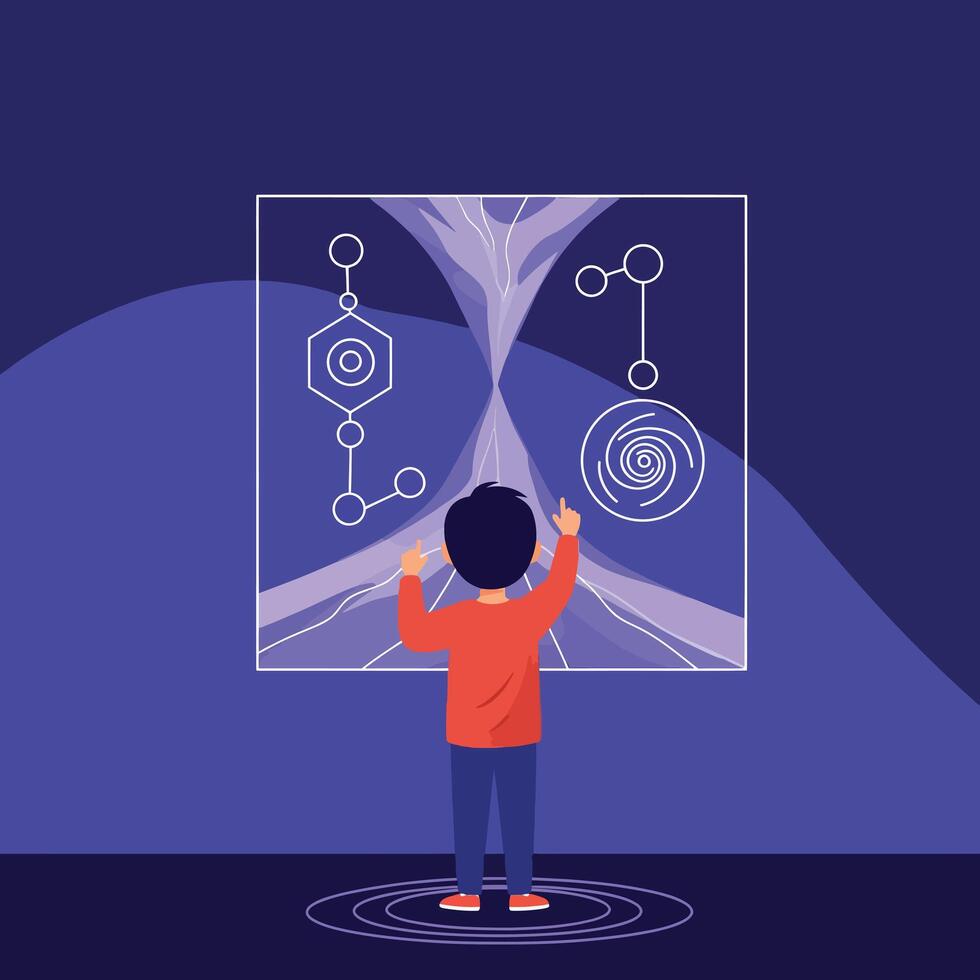 Child exploring futuristic scientific display with molecular and spiral diagrams in flat minimal style illustration vector