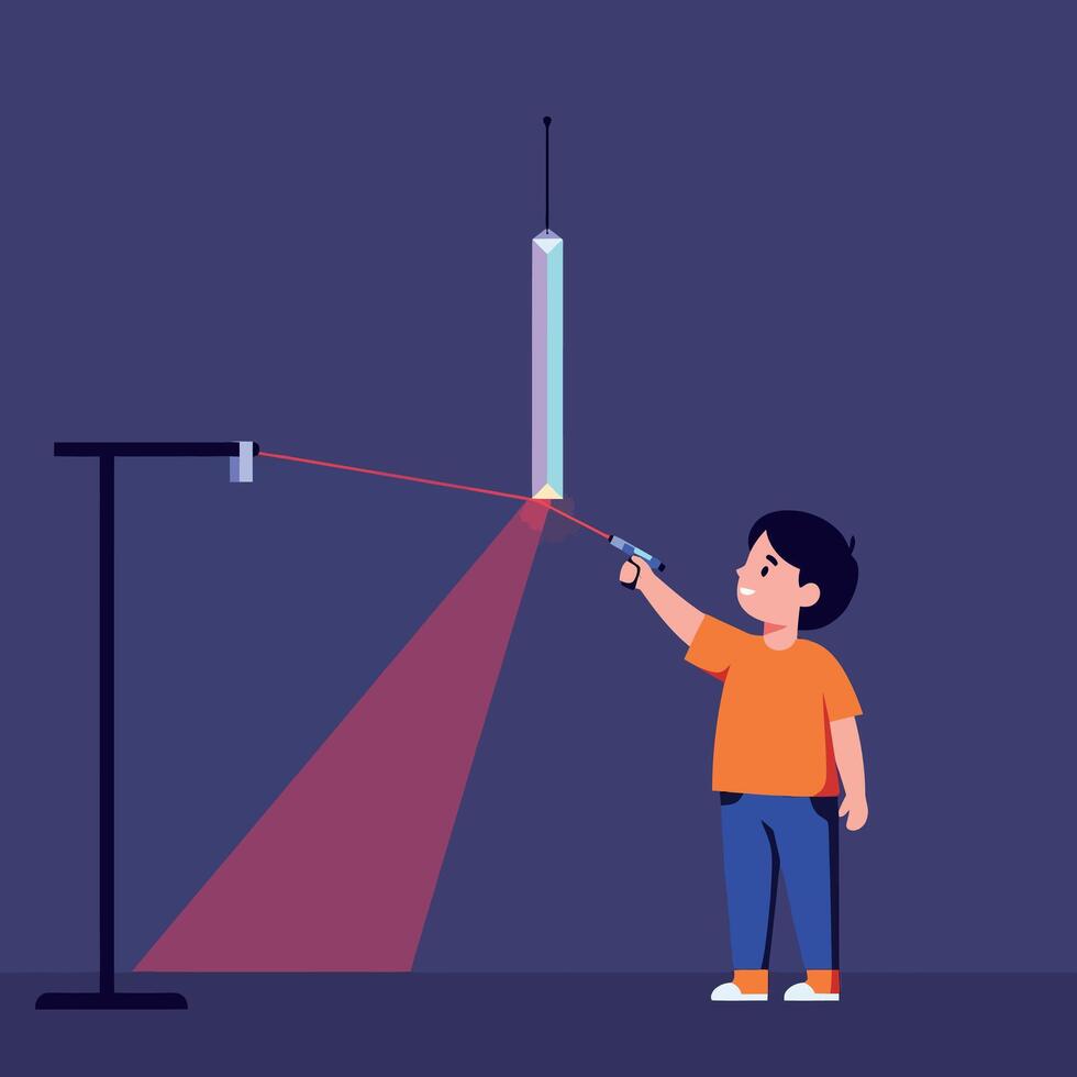 Young boy using a handheld laser pointer targeting a suspended prism in flat design illustration vector