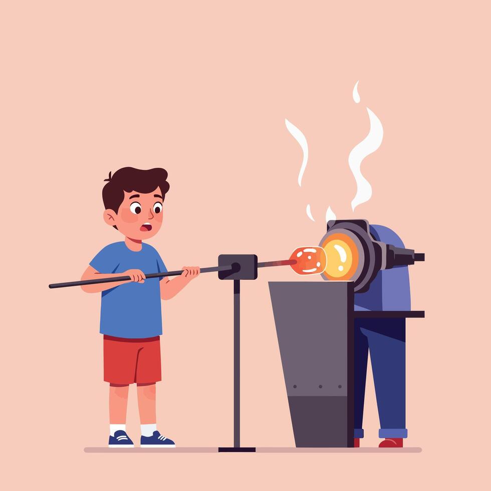 Young boy watching glassblowing process with glowing molten glass in minimal flat design art vector