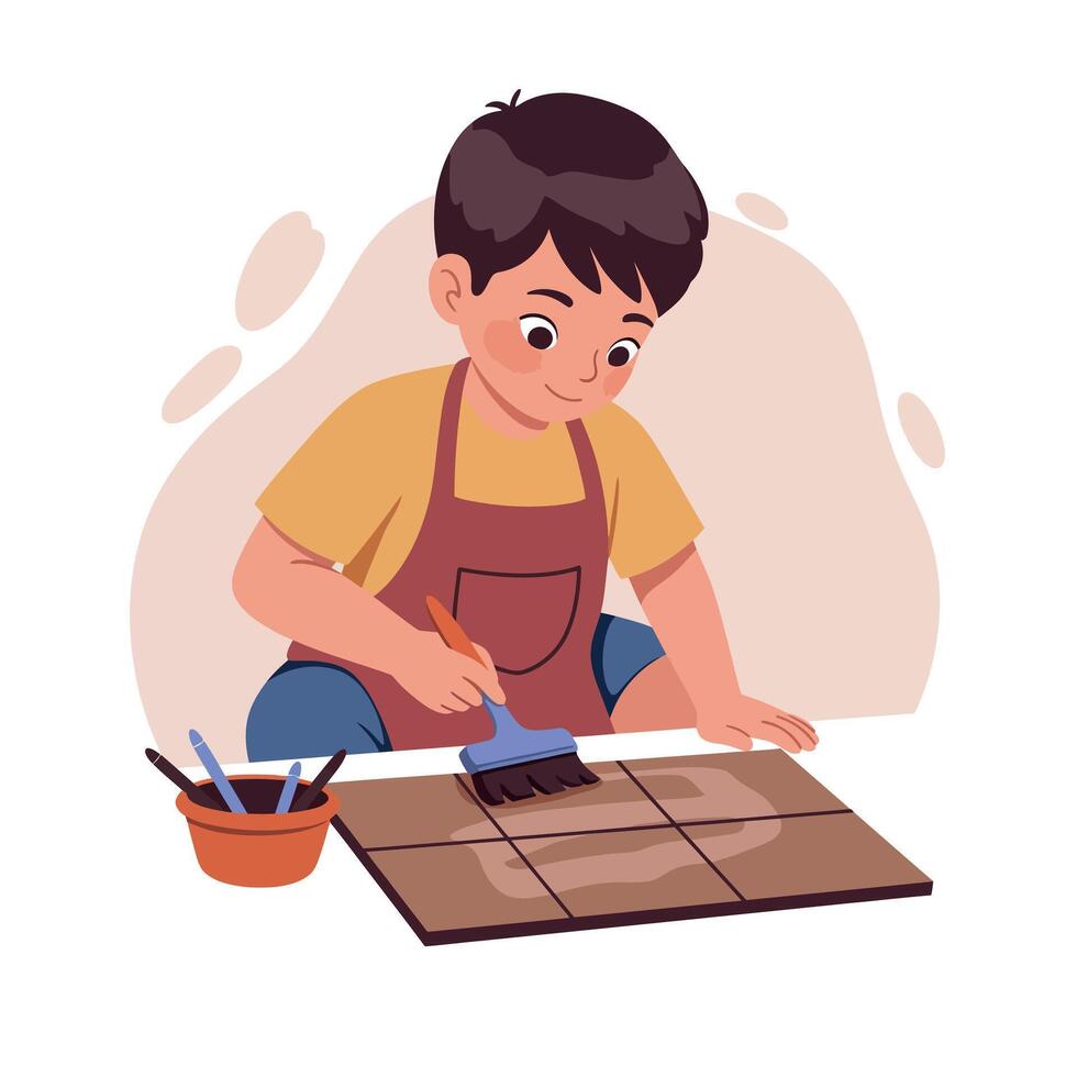 Young boy painting ceramic tiles with brush in casual clothes flat colorful illustration vector