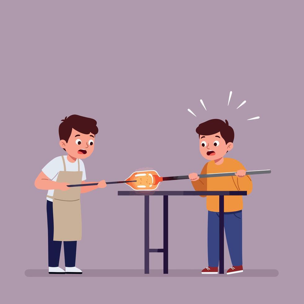Two young boys focused on glassblowing craft with glowing molten glass in flat style illustration vector