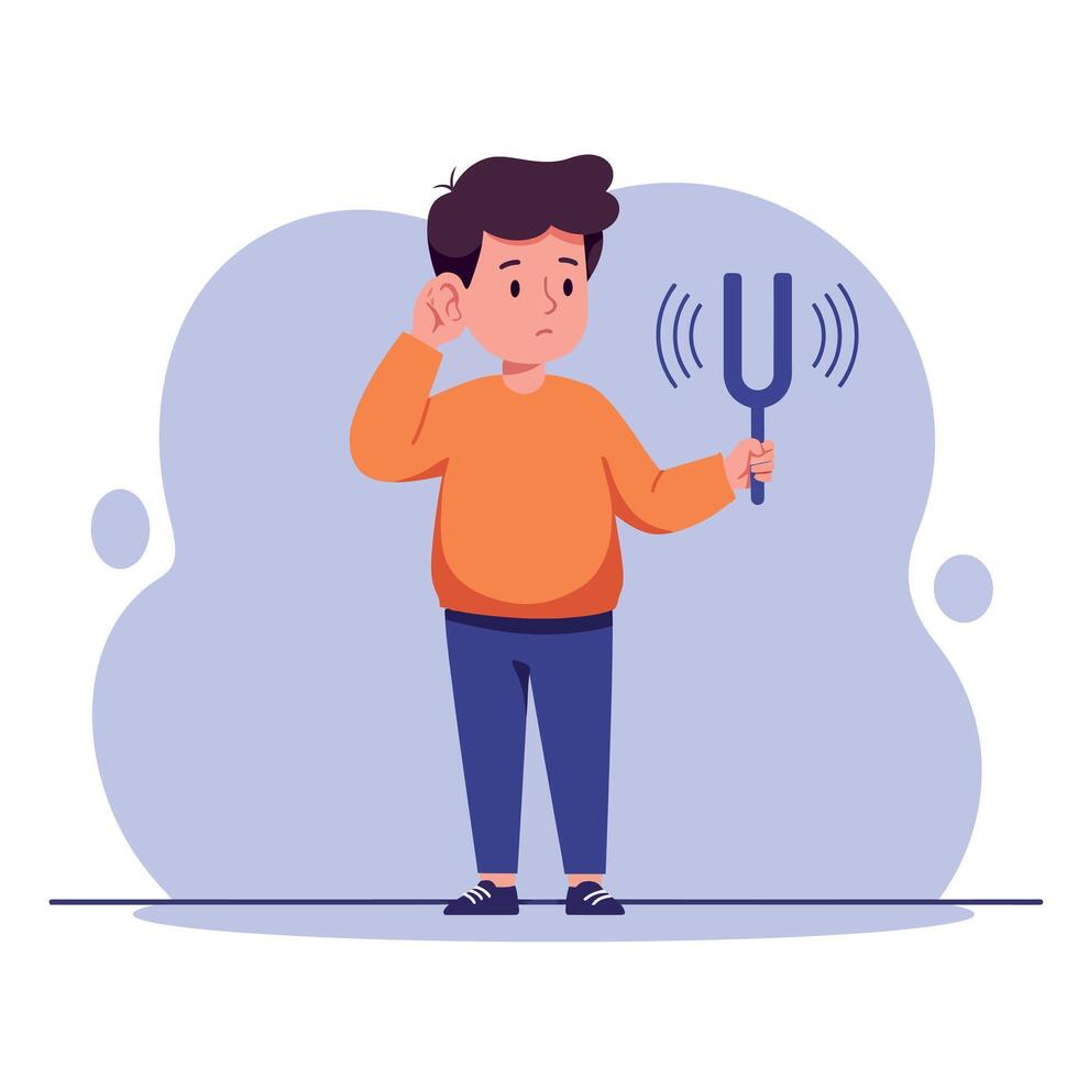Young boy with dark hair holding tuning fork and scratching ear in flat style illustration vector