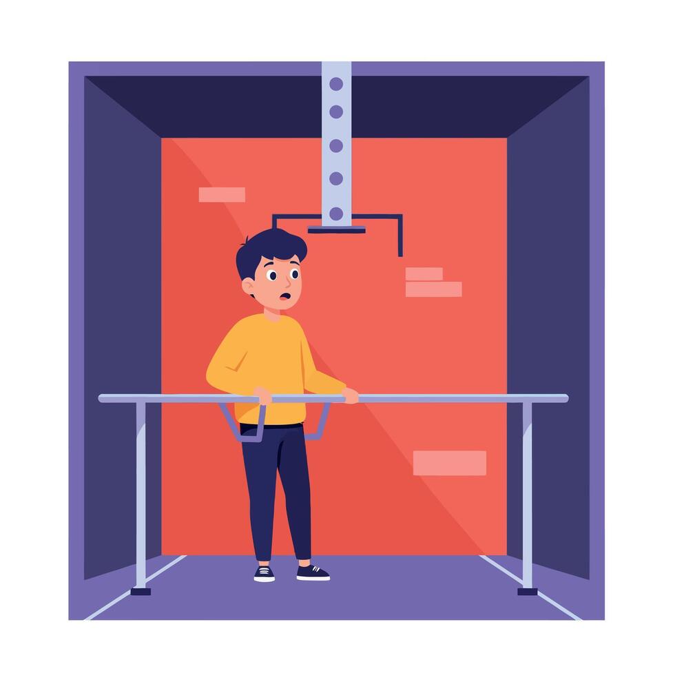 Young boy standing in elevator with worried expression holding handrail flat colorful digital illustration vector