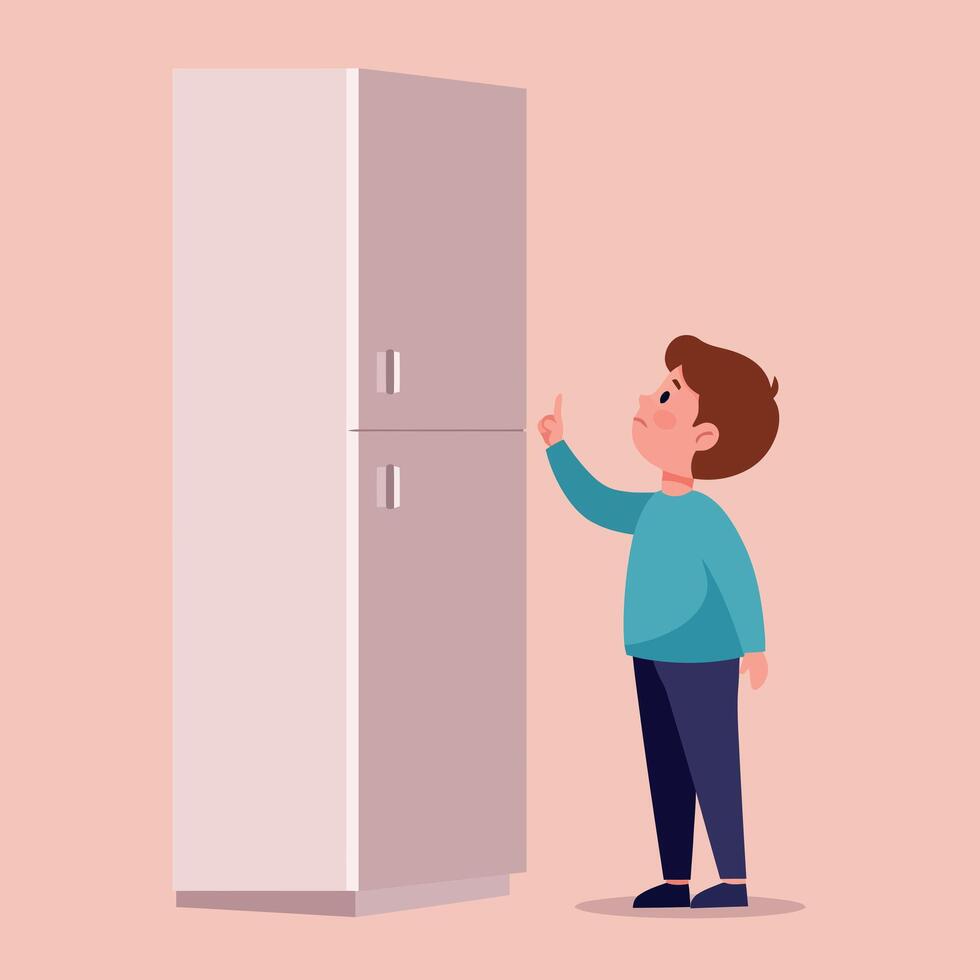 Young boy in blue shirt reaching up towards tall refrigerator flat minimal illustration for kitchen curiosity and child interaction scenes vector