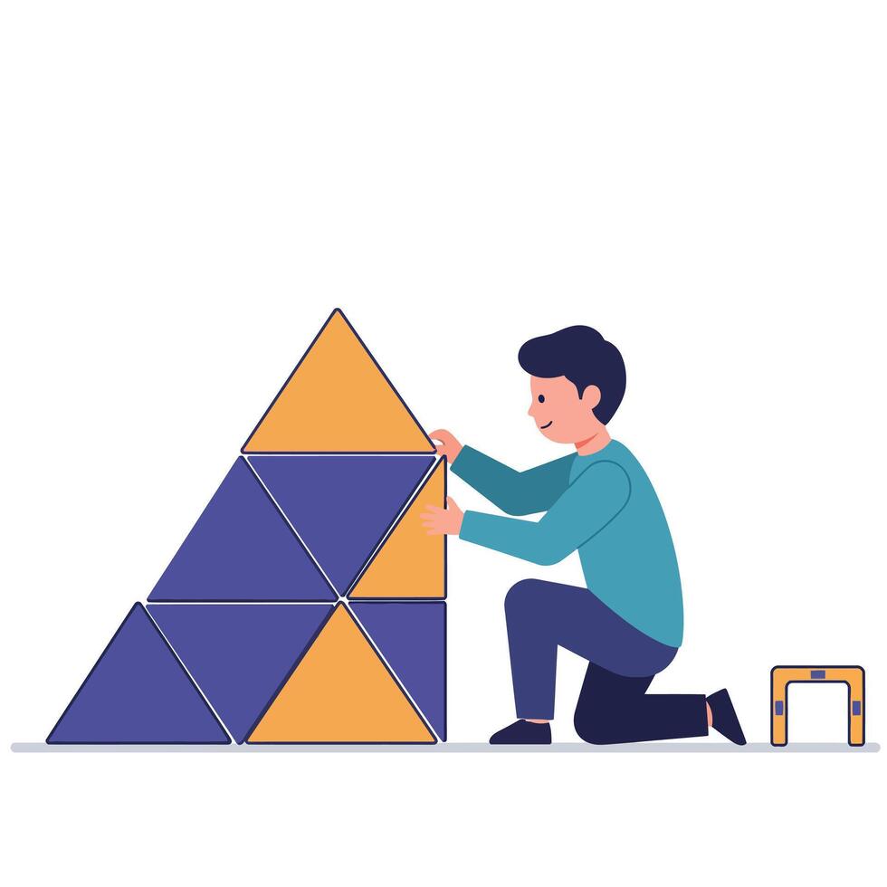 Young boy building geometric pyramid with colorful triangular blocks in minimal flat design illustration vector