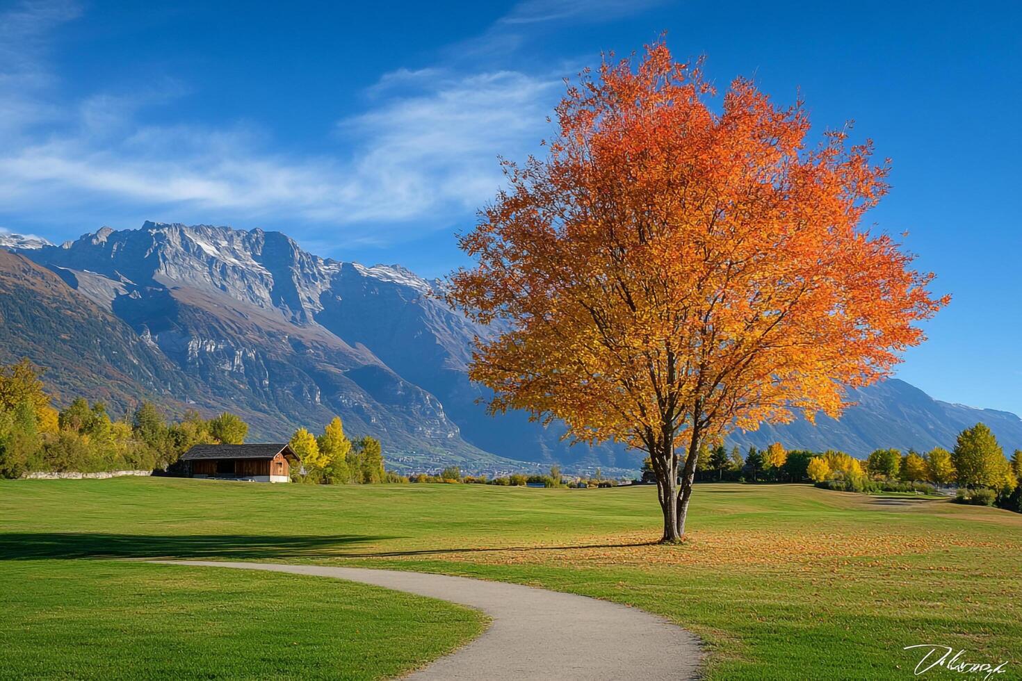 Serene Autumn Landscape Orange Tree, Green Field, Pathway, Mountains, Clear Sky photo