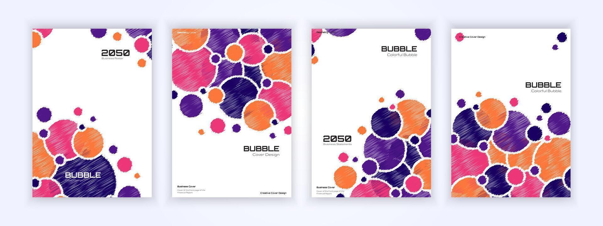 Bubble cover designs, a dynamic set of business cover designs featuring overlapping colorful bubbles in shades of orange, pink and purple vector