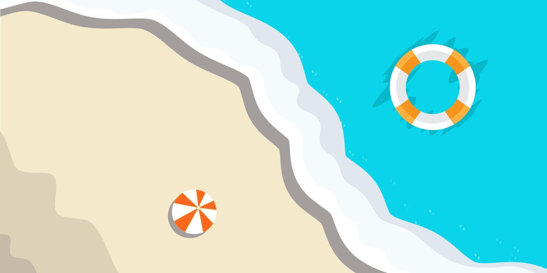 Minimalist beach scene with a ball on the sand and a lifebuoy floating in clear blue water vector