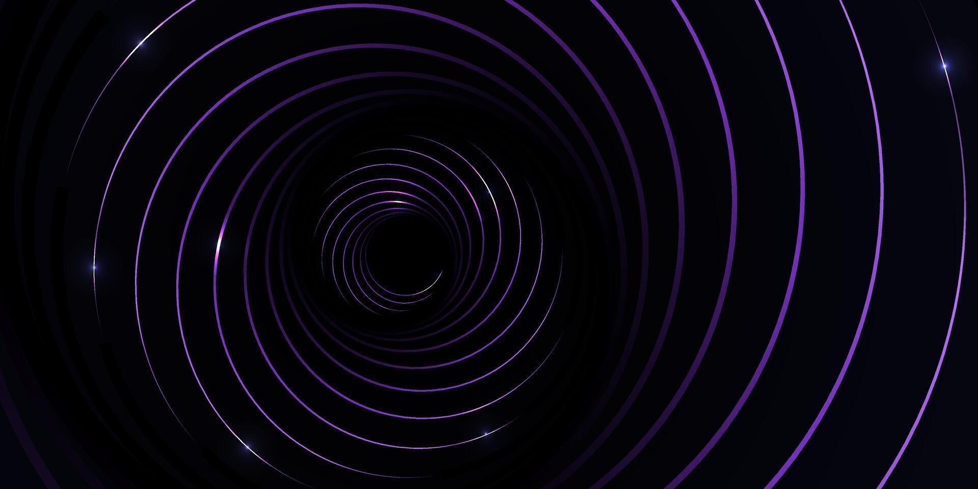 Futuristic abstract design with a purple glowing spiral pattern on a black background, creating a mesmerizing endless tunnel effect. Suitable for technology, sci-fi and digital art themes vector