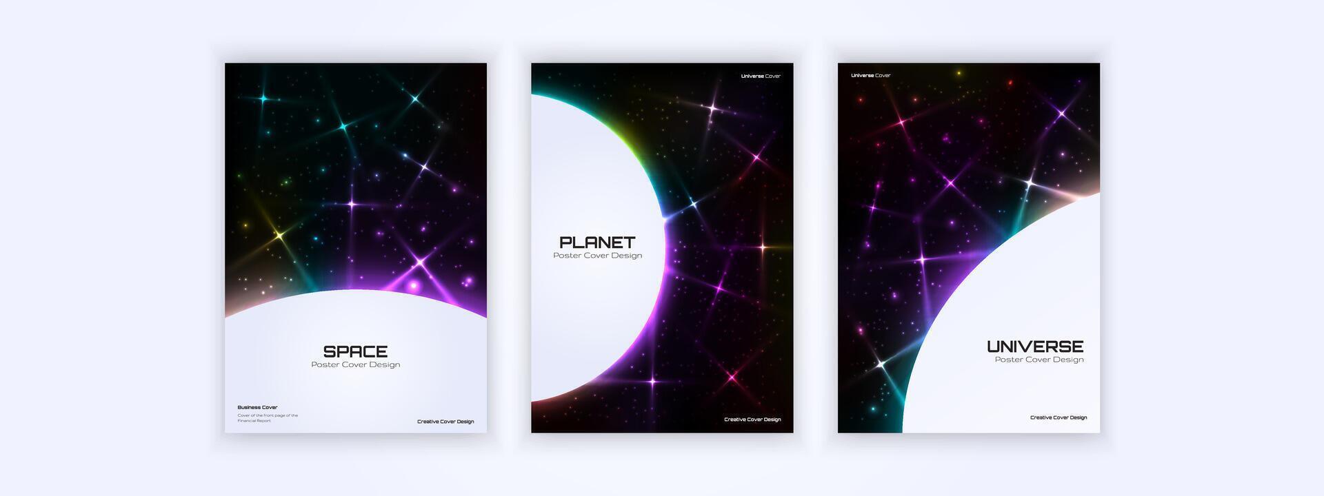 Minimalist cosmic-themed posters with glowing stars and planets, blending modern and futuristic design vector