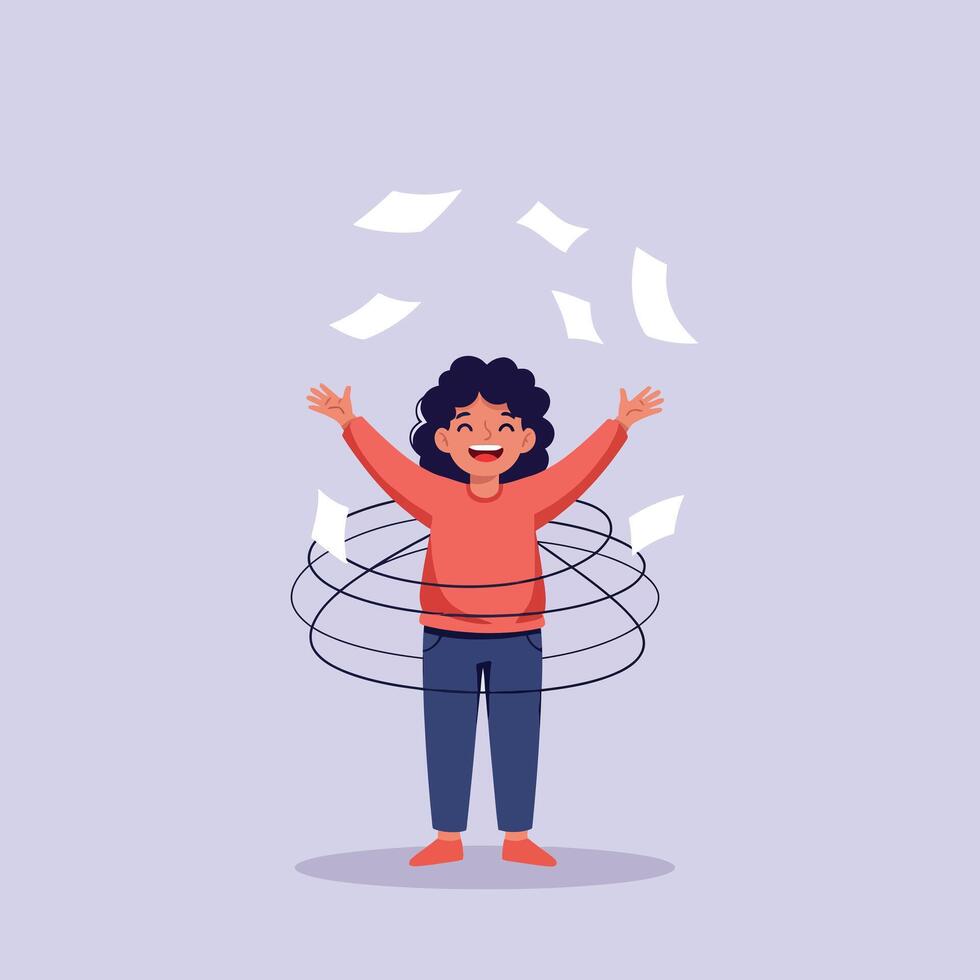 Happy child in red sweater surrounded by swirling flying papers minimal flat style art vector