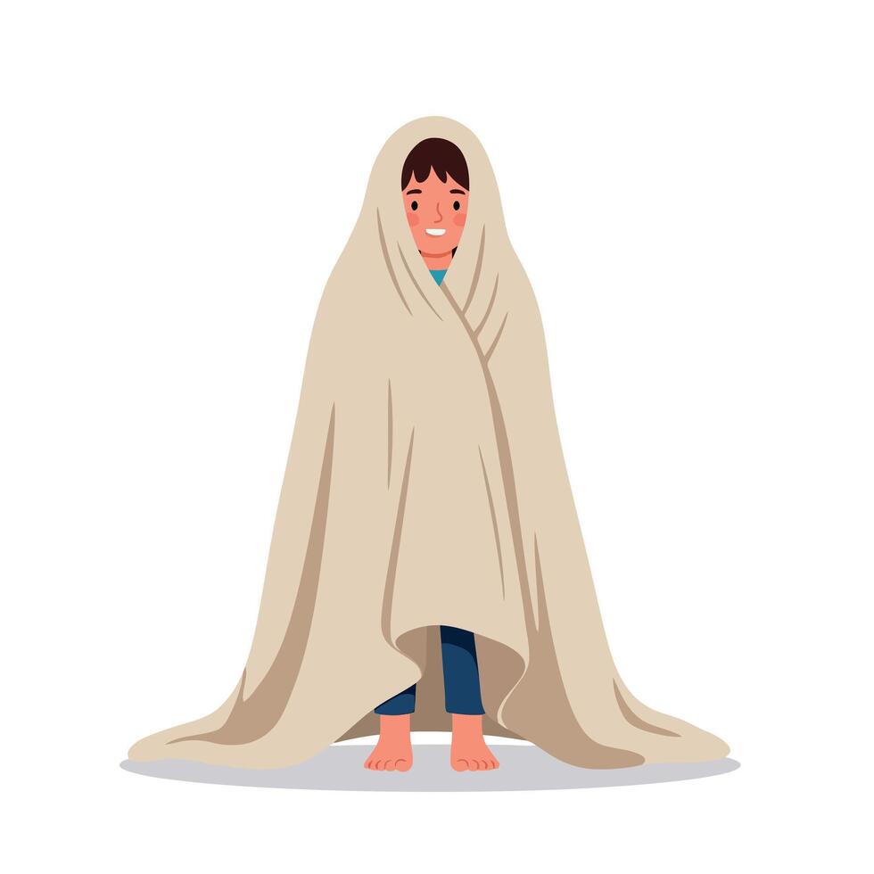 Young boy wrapped in beige blanket with relaxed expression, standing barefoot on white surface, minimal flat design illustration vector