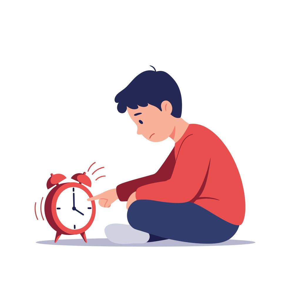 Young boy in red sweater sitting on floor and touching ringing alarm clock in minimal flat style art vector
