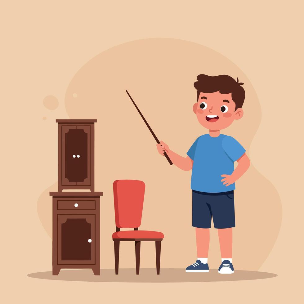 Smiling young boy in blue shirt teaching with pointer near red chair and brown cabinet flat minimal illustration vector