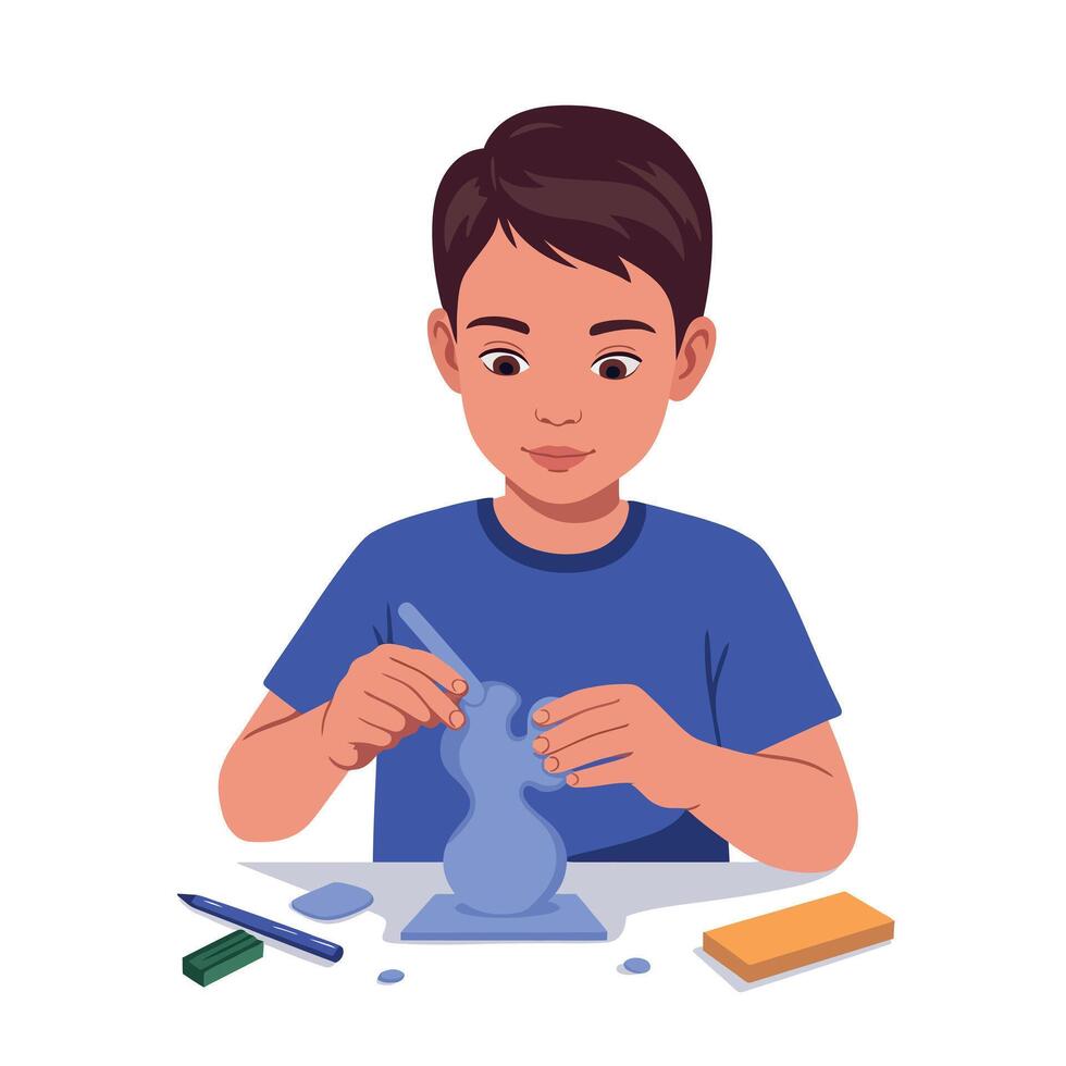 Young boy sculpting clay figure in flat minimal art style, focused creative child modeling shapes at table, calm and thoughtful learning environment illustration vector