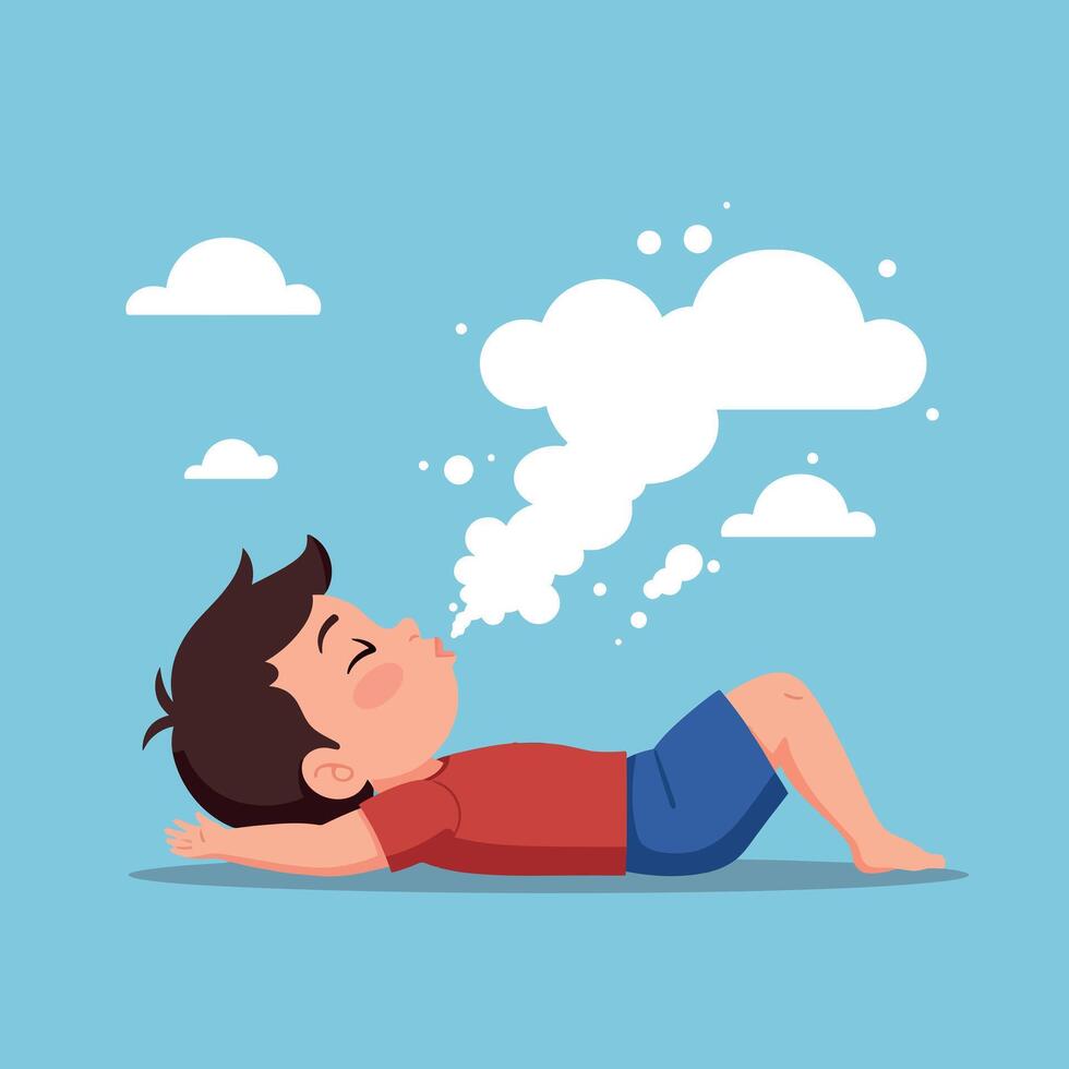 Young boy relaxing on grass with hands behind head in flat minimal style breathing deeply under bright blue sky illustration vector