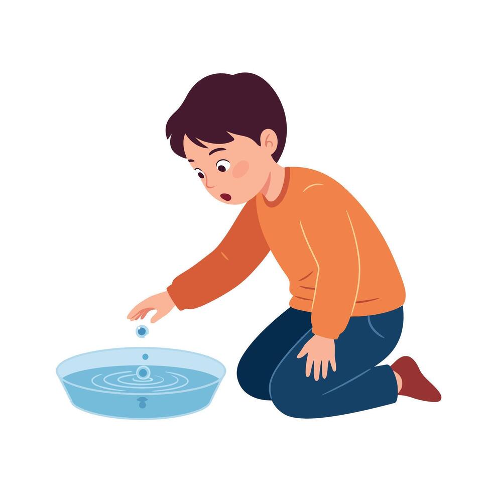 Young boy kneeling beside shallow bowl of water in flat minimal style art with curious expression and playful exploration mood vector